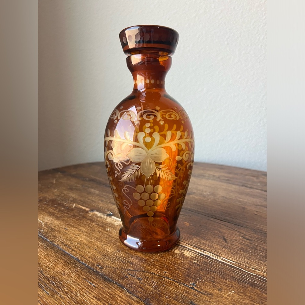 Egermann Czech Bohemian Amber Etched Glass Decanter with Stopper